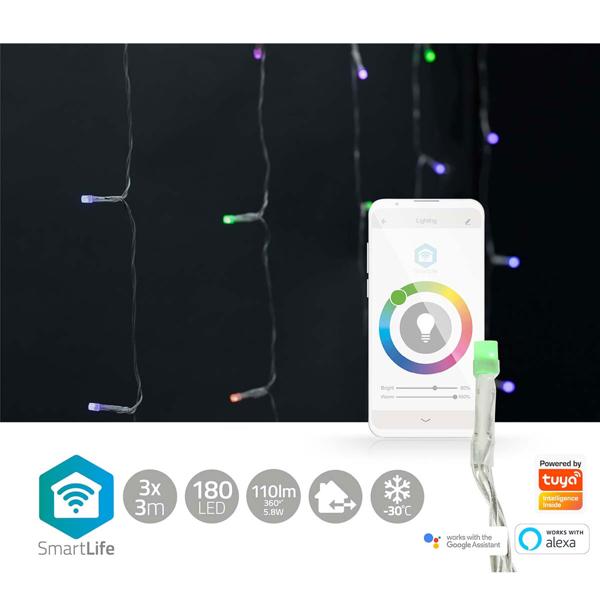 Farbige WLAN-Smart-Vorhang-Lichterkette - 180 RGB-LEDs - 7 Lichtmuster - IP65 Aussen & Innen - App-Steuerung & Sprachsteuerung (Alexa/Google) - 3m Länge
