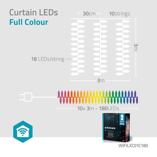 Farbige WLAN-Smart-Vorhang-Lichterkette - 180 RGB-LEDs - 7 Lichtmuster - IP65 Aussen & Innen - App-Steuerung & Sprachsteuerung (Alexa/Google) - 3m Länge
