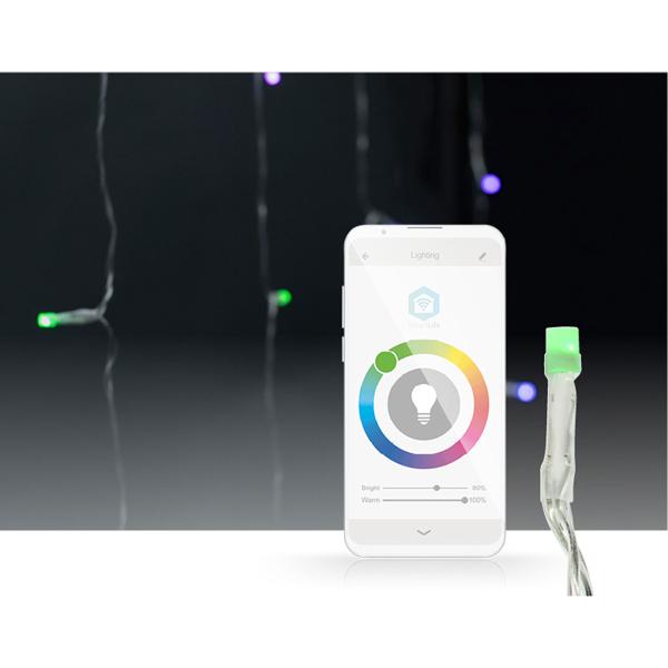 Farbige WLAN-Smart-Vorhang-Lichterkette - 180 RGB-LEDs - 7 Lichtmuster - IP65 Aussen & Innen - App-Steuerung & Sprachsteuerung (Alexa/Google) - 3m Länge