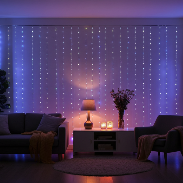 Farbige WLAN-Smart-Vorhang-Lichterkette - 180 RGB-LEDs - 7 Lichtmuster - IP65 Aussen & Innen - App-Steuerung & Sprachsteuerung (Alexa/Google) - 3m Länge