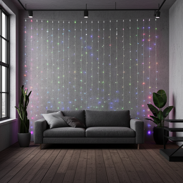Farbige WLAN-Smart-Vorhang-Lichterkette - 180 RGB-LEDs - 7 Lichtmuster - IP65 Aussen & Innen - App-Steuerung & Sprachsteuerung (Alexa/Google) - 3m Länge