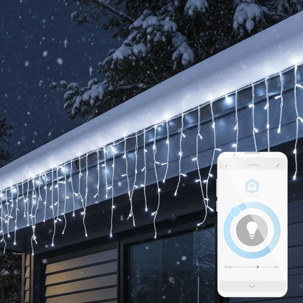 WLAN-Smart-Eisregen Lichterkette - 400 kaltweisse LEDs, 8m - IP65, dimmbar, Timer - für Innen- & Aussenbereich - 7 Lichteffekte, festliche Deko