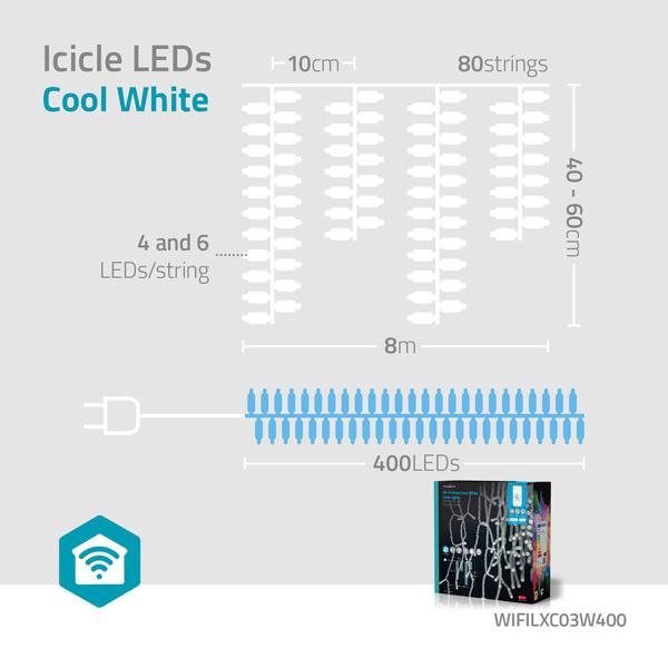 WLAN-Smart-Eisregen Lichterkette - 400 kaltweisse LEDs, 8m - IP65, dimmbar, Timer - für Innen- & Aussenbereich - 7 Lichteffekte, festliche Deko