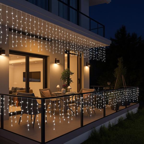 Eisregen Lichterkette - 180 LEDs - IP44 Spritzwasserschutz, 5,90 m Länge - 7 Modi, Timer, Kaltweiss für Innen- & Aussenbereich