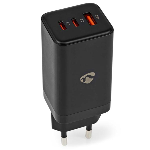 65W USB-GaN-Netzladegerät, 2x USB-C & USB-A, Schnellladefunktion, schwarz – lädt Notebooks, Tablets, Macbooks & Smartphones blitzschnell