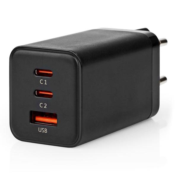 65W USB-GaN-Netzladegerät, 2x USB-C & USB-A, Schnellladefunktion, schwarz – lädt Notebooks, Tablets, Macbooks & Smartphones blitzschnell