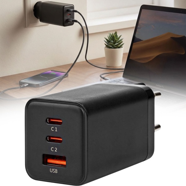 65W USB-GaN-Netzladegerät, 2x USB-C & USB-A, Schnellladefunktion, schwarz – lädt Notebooks, Tablets, Macbooks & Smartphones blitzschnell