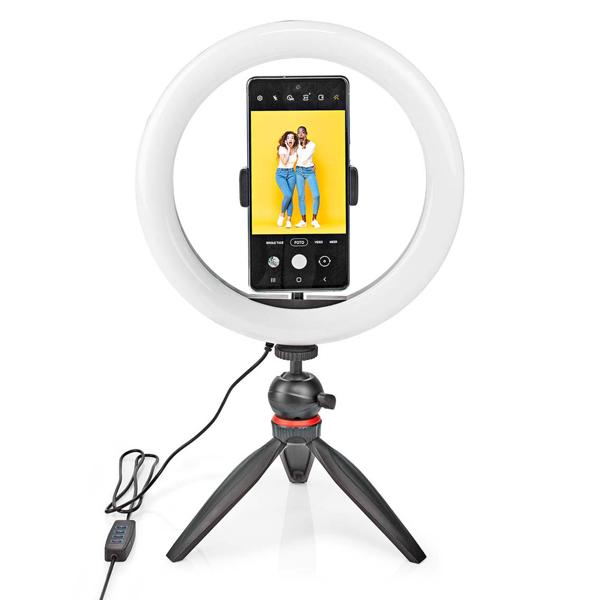 Profi Ringlicht mit Stativ - LED Tischringlicht für Selfies, Vlogs, YouTube-Videos - 10 Helligkeitsstufen, Ø 26 cm, 2700-6700K, USB-betrieben