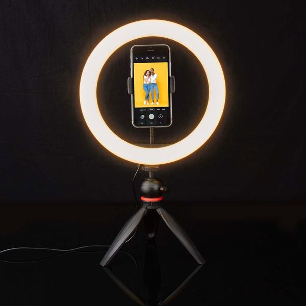 Profi Ringlicht mit Stativ - LED Tischringlicht für Selfies, Vlogs, YouTube-Videos - 10 Helligkeitsstufen, Ø 26 cm, 2700-6700K, USB-betrieben