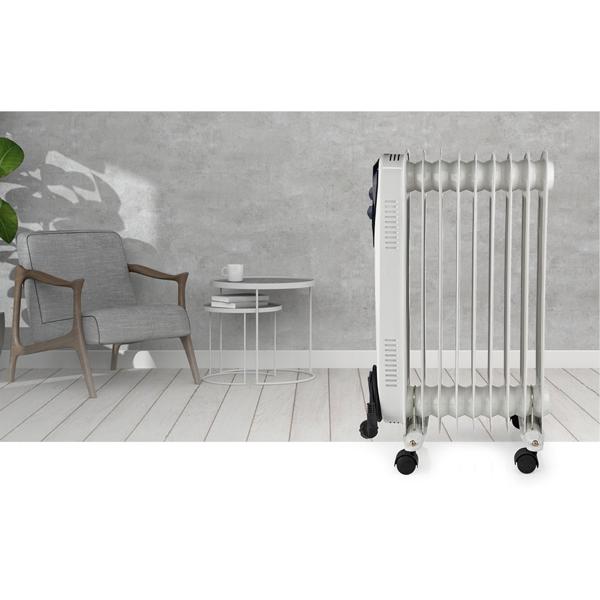 Mobiler 9-Rippen Ölradiator, (23,9x62,5x36,8 cm), 800-2000W: Heizkörper mit Rollen, weiss, für flexible Wärme, leistungsstark und praktisch