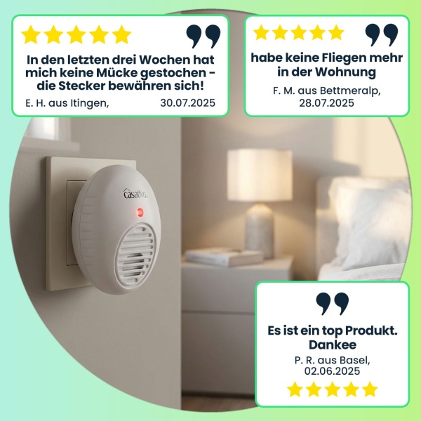 Hocheffektiver Ultraschall-Insektenvertreiber für die Steckdose, weiss, Raumgrösse bis 47 m², Mücken- und Moskitoabwehr für Haus und Wohnung