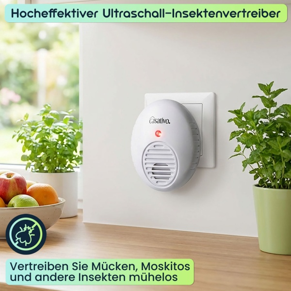 Hocheffektiver Ultraschall-Insektenvertreiber für die Steckdose, weiss, Raumgrösse bis 47 m², Mücken- und Moskitoabwehr für Haus und Wohnung