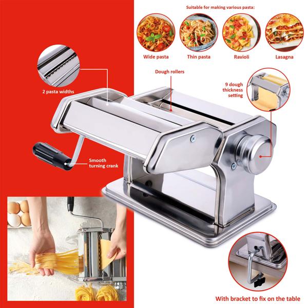 Hochwertige Nudelmaschine aus Edelstahl inkl. Tischhalterung – ideal für frische Pasta & Lasagne, robust, leicht zu bedienen, rutschfest