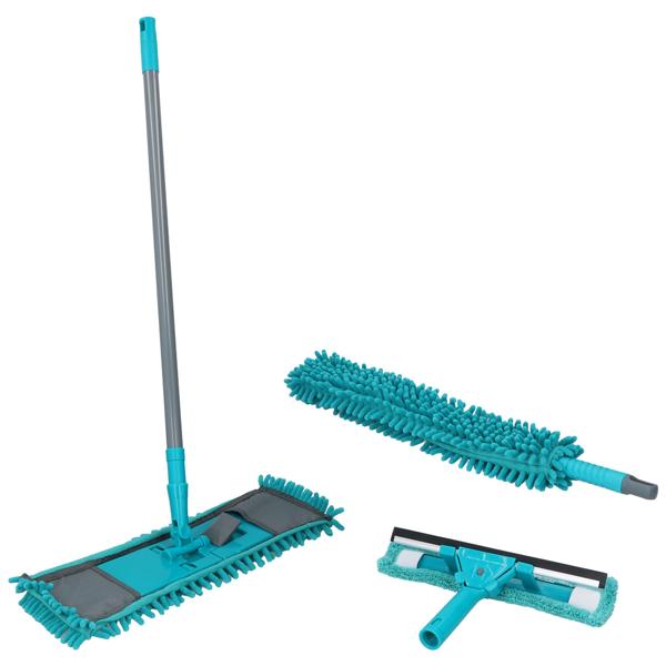 7-teiliges Mikrofaser-Reinigungsset - Teleskop-Stiel 68-120cm - Wischmopp, Staubwedel, Abzieher für streifenfreie Reinigung aller Oberflächen