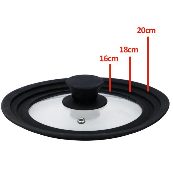 Universaldeckel Glas mit Silikonring - für Töpfe & Pfannen 16/18/20 cm - schützt vor Kratzern - spülmaschinenfest - 417g - mit Entlüftungsloch