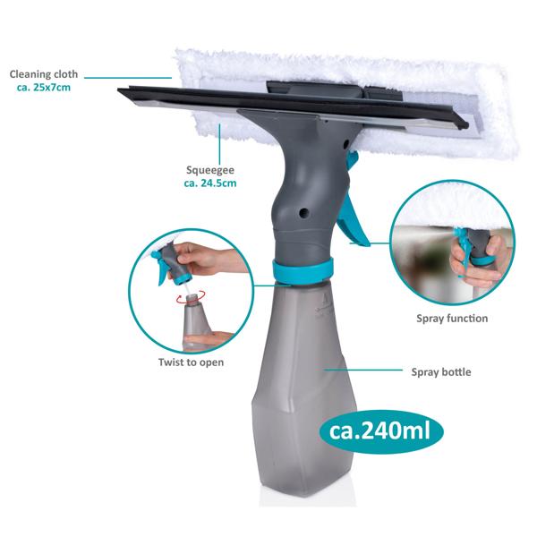 Fensterreiniger mit Sprühfunktion & Mikrofaserbezug - Für streifenfreien Glanz auf Glas, Fliesen & Spiegel - 240ml Tank - 25x26x8 cm