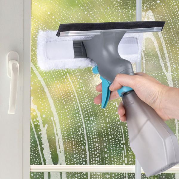 Fensterreiniger mit Sprühfunktion & Mikrofaserbezug - Für streifenfreien Glanz auf Glas, Fliesen & Spiegel - 240ml Tank - 25x26x8 cm