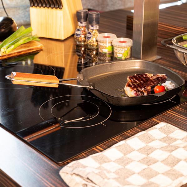 Grillpfanne mit klappbarem Holzgriff Ø 24 cm - PFOA-freie Antihaftbeschichtung für Gasherd, Elektro, Ceran, Halogen - Leicht zu reinigen - Platzsparend