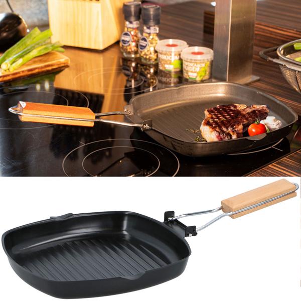 Grillpfanne mit klappbarem Holzgriff Ø 24 cm - PFOA-freie Antihaftbeschichtung für Gasherd, Elektro, Ceran, Halogen - Leicht zu reinigen - Platzsparend