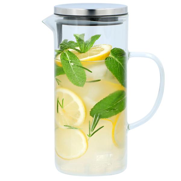 Glaskaraffe 1,3L – mit Metall-Deckel & Sieb – stilvoll, robust & spülmaschinengeeignet – ideal für Wasser, Saft & Tee – elegantes Design für Tisch & Küche