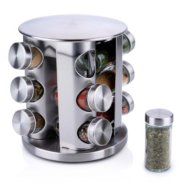 Modernes Edelstahl-Gewürz Drehregal mit 12 transparenten Gewürzgläsern – zeitloses Gewürzkarussell - ein Blickfang für jede Küche