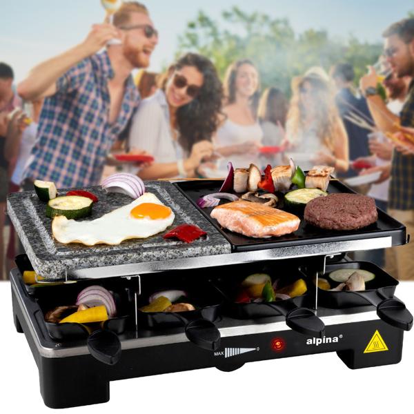 Raclette Grill 8 Personen 1400W mit Duo-Grillfläche – Stein- und Metallplatte, leistungsstarker Tischgrill für die Familie