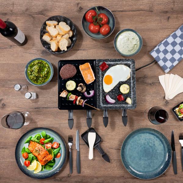 Raclette Grill 8 Personen 1400W mit Duo-Grillfläche – Stein- und Metallplatte, leistungsstarker Tischgrill für die Familie