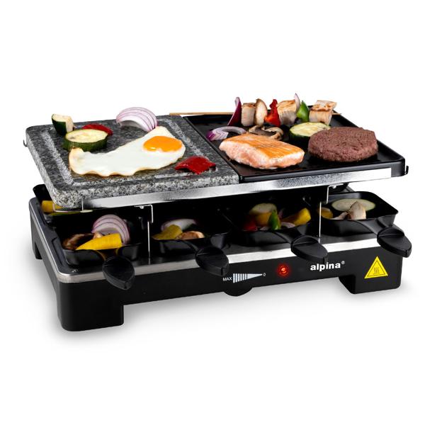 Raclette Grill 8 Personen 1400W mit Duo-Grillfläche – Stein- und Metallplatte, leistungsstarker Tischgrill für die Familie