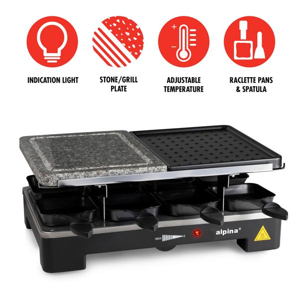 Raclette Grill 8 Personen 1400W mit Duo-Grillfläche – Stein- und Metallplatte, leistungsstarker Tischgrill für die Familie