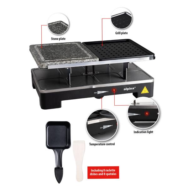 Raclette Grill 8 Personen 1400W mit Duo-Grillfläche – Stein- und Metallplatte, leistungsstarker Tischgrill für die Familie