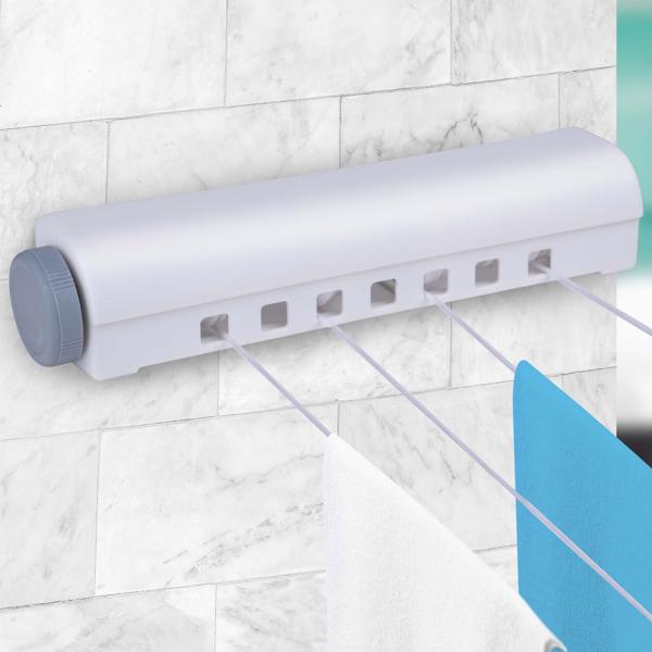 Einziehbare Wäscheleine Wandmontage - 14m Länge mit 4 Leinen - platzsparender Wäschetrockner für kleine Bäder - robust & nachspannbar inkl. Montage