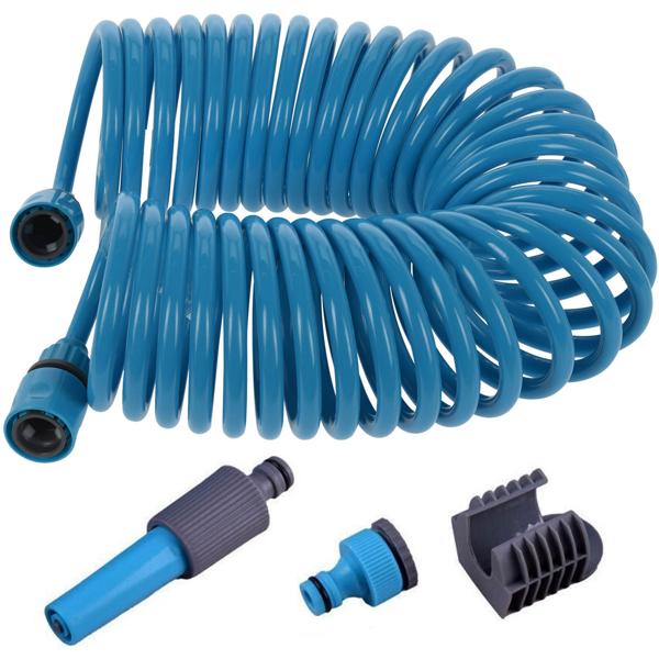 Flexibler Spiral Gartenschlauch mit Sprühaufsatz, 10m, Blau: Platzsparend, knickfest & selbstaufrollend – Ideal für Garten & Balkon!