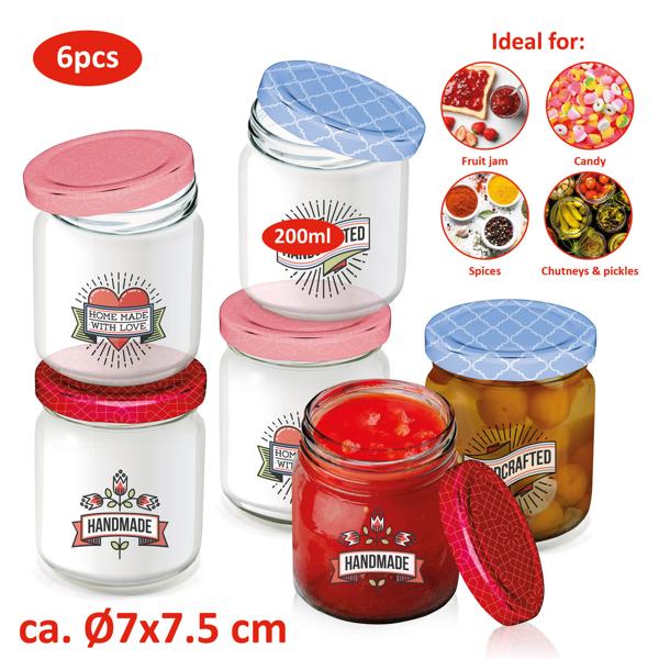 6er-Set bunte Einmachgläser mit Schraubverschluss - Ideal für Marmelade, Honig, Gelee, Kräuter, Gewürze - 200 ml Füllvolumen, Ø 7cm, bunte Deckel