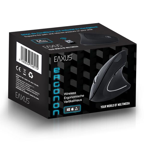 Ergonomische Vertikalmaus Ergonon - reduziert Gelenkbelastung für komfortables Arbeiten - wireless 2,4 GHz, 1600 DPI, 6 Tasten, batteriebetrieben