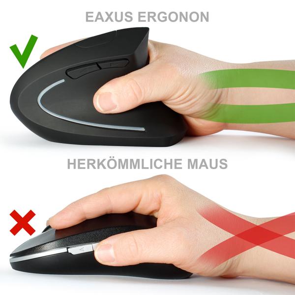 Ergonomische Vertikalmaus Ergonon - reduziert Gelenkbelastung für komfortables Arbeiten - wireless 2,4 GHz, 1600 DPI, 6 Tasten, batteriebetrieben