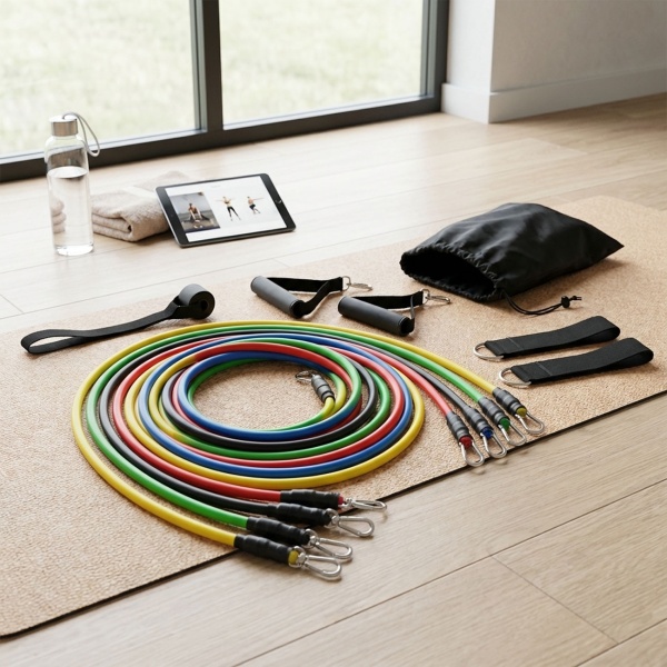 Widerstandsbänder Set – Krafttraining, Fitness & Dehnung – 5 Fitnessbänder (Gelb-Schwarz) mit Handgriffen, Knöchelriemen & Türanker