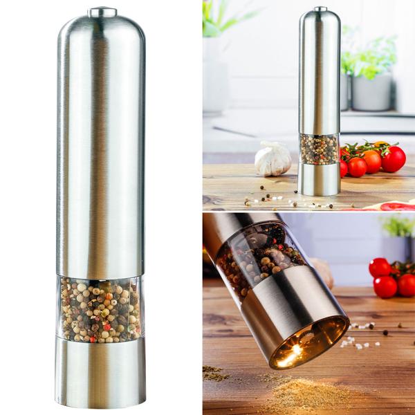 2er-Set Elektrische Salz-/Pfeffermühle (Edelstahl) - Keramikmahlwerk, Lichtfunktion - Ø5 x 22,5 cm - für frische Gewürze auf Knopfdruck