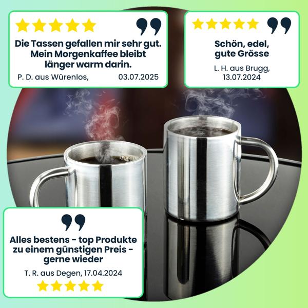 Thermobecher Edelstahl 2er Set - doppelwandig für Heiss- & Kaltgetränke, 200ml - spülmaschinenfest - ideal für Outdoor, Camping & Glühwein