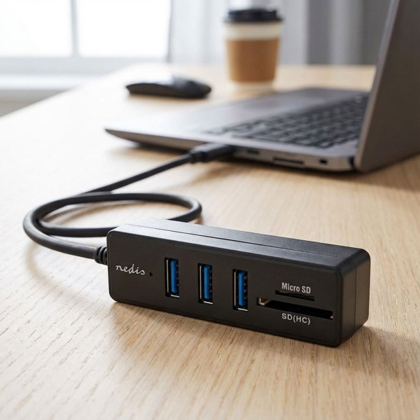 USB-C Hub - 3x USB-A 3.2 Gen 1 (5 Gbit/s) - SD/MicroSD Cardreader - Aluminiumgehäuse - Plug & Play - Schwarz - Notebook/PC