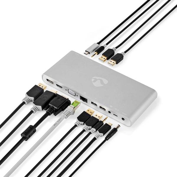 Full-Function 12-in-1 USB-C Dockingstation, Aluminium, 5 Gbit/s, USB 3.0 – HDMI, DisplayPort, VGA, RJ45 & Audio, USB A / C - die ultimative Anschlusslösung