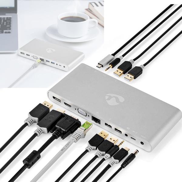 Full-Function 12-in-1 USB-C Dockingstation, Aluminium, 5 Gbit/s, USB 3.0 – HDMI, DisplayPort, VGA, RJ45 & Audio, USB A / C - die ultimative Anschlusslösung