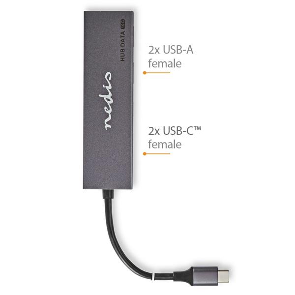 USB-C Hub, 2x USB-C 3.2 & 2x USB-A 3.2, bis zu 10 Gbit/s: Aluminium-Design, für schnelle Datenübertragung, hochwertig und elegant