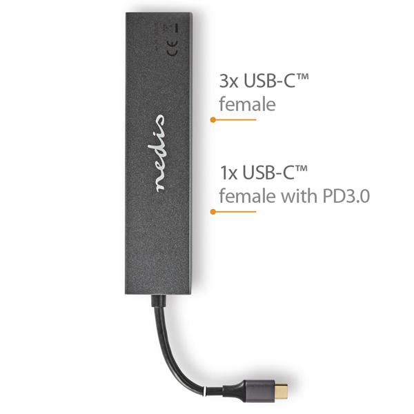 4 Port USB-C Hub - USB-C male auf 4 USB-C female - USB-SuperSpeed 10 Gbit/s, 1x PD3.0 100W, 3x USB-C 3.2 Gen 2 - Aluminiumgehäuse - Plug & Play