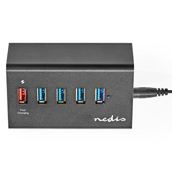High-Speed USB A - 3.2 Hub, 5 Ports, QC 3.0, schwarz – Inklusive Netzteil & USB Kabel, für schnelle Datenübertragung & Aufladen