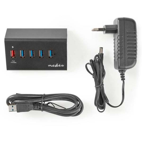 High-Speed USB A - 3.2 Hub, 5 Ports, QC 3.0, schwarz – Inklusive Netzteil & USB Kabel, für schnelle Datenübertragung & Aufladen