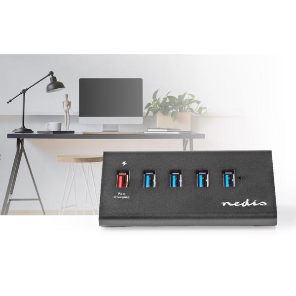 High-Speed USB A - 3.2 Hub, 5 Ports, QC 3.0, schwarz – Inklusive Netzteil & USB Kabel, für schnelle Datenübertragung & Aufladen