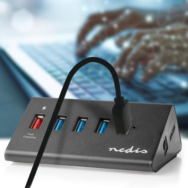 High-Speed USB A - 3.2 Hub, 5 Ports, QC 3.0, schwarz – Inklusive Netzteil & USB Kabel, für schnelle Datenübertragung & Aufladen
