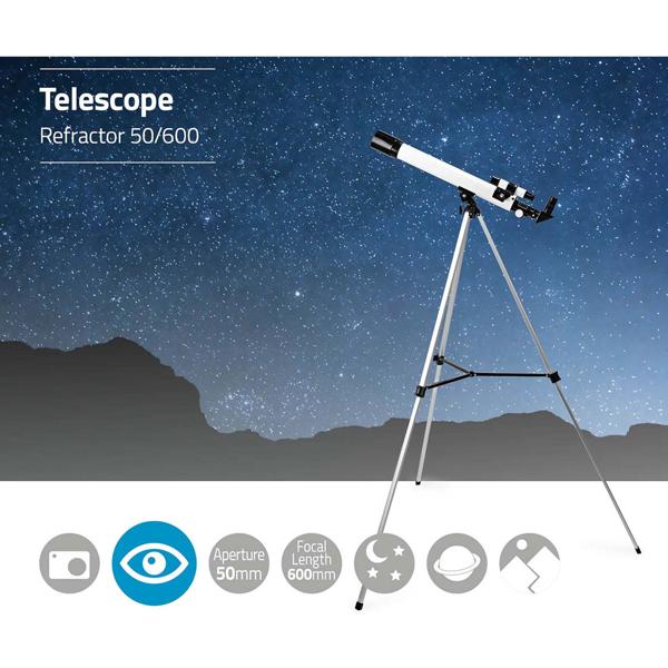 Teleskop Komplett-Set für Einsteiger: 50/600mm - Refractor-Teleskop mit Aluminium-Stativ (H bis 125cm) - Ideal für Mond, Planeten & Sterne