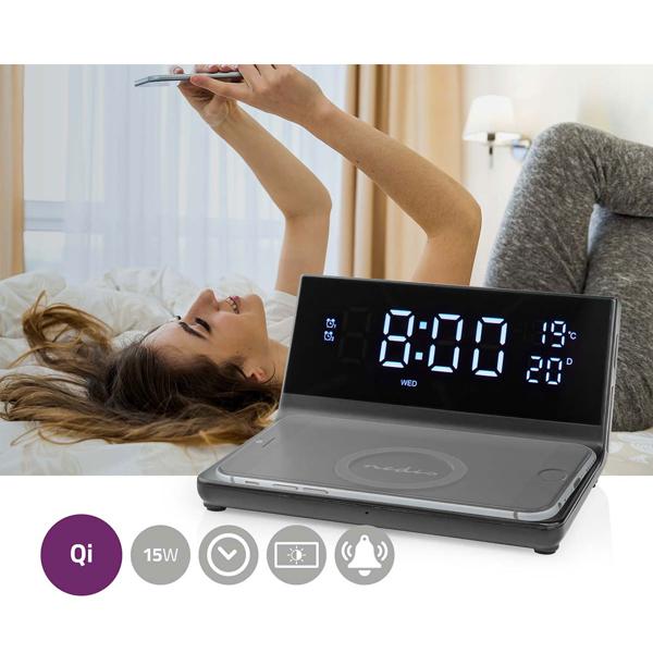 Moderner Wecker (14x7x12,5cm, schwarz) mit kabelloser QI-Ladefunktion – Stilvolles Design & bequemes Aufladen für das Smartphone