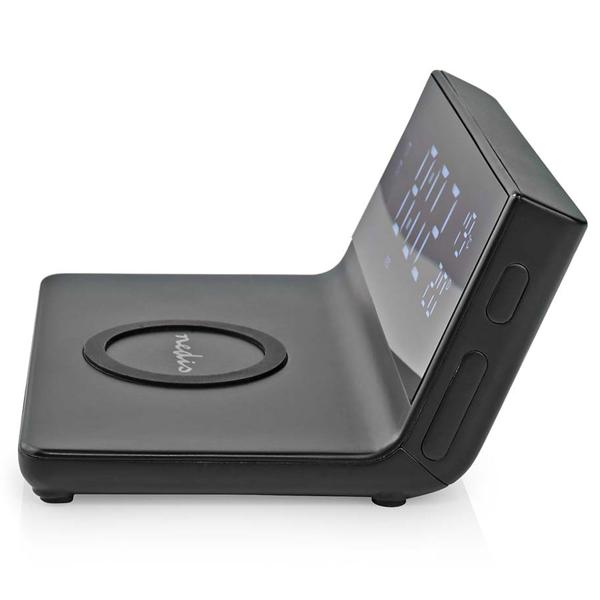 Moderner Wecker (14x7x12,5cm, schwarz) mit kabelloser QI-Ladefunktion – Stilvolles Design & bequemes Aufladen für das Smartphone